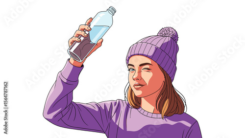 Cartoon illustration of a winking woman in a hat holding a water bottle promoting hydration and