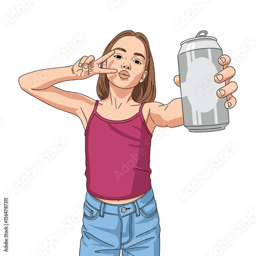 Young woman holding beverage can making peace sign perfect for marketing campaigns
