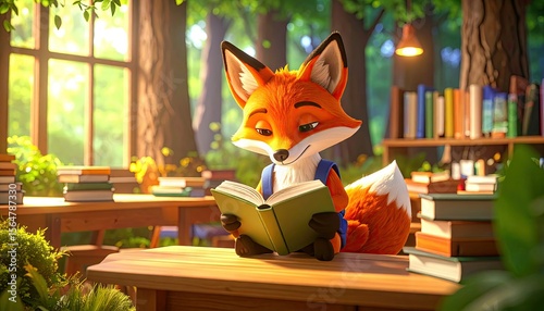 Animated Orange Fox Reading A Book In A Light Filled Library Surrounded By Books And Lush Greenery