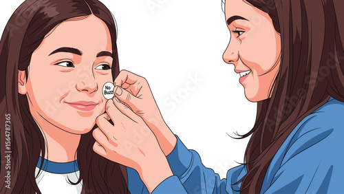 Illustrated teen applying 'No Buzz' sticker to friend's face for lice prevention
