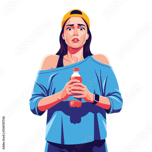 Worried athletic woman holding beverage vector art for commercial fitness campaign use