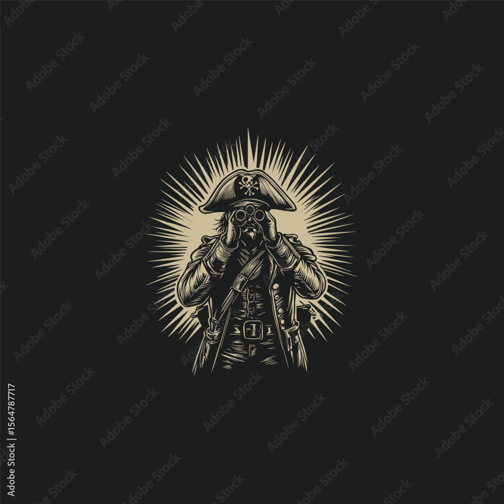 Obraz premium pirate standing looking through binoculars design vector template illustration