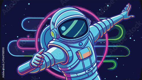 Astronaut in space suit. Vector illustration of spaceman in space neon