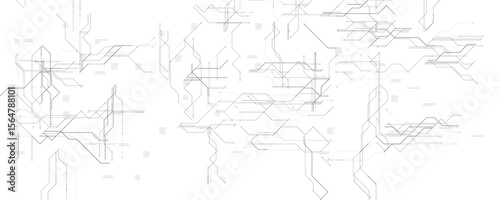 Minimal Tech Circuit Lines. Clean White Background with Geometric Network Design in Thin Black Strokes. Perfect for UI, Modern Data Interfaces, and AI Systems. Vector Illustration.