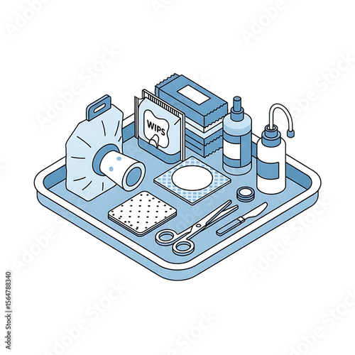 Sterile surgical instruments on a tray.