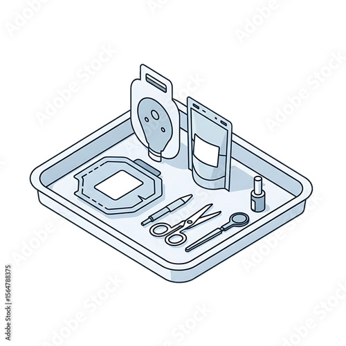 Surgical setup with medical tools and equipment.