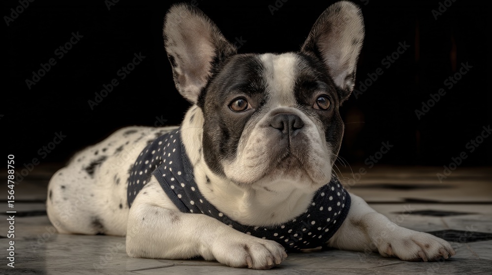 Charming French Bulldog Posing in Polka Dot Apparel, Adorable canine portrait Charming French Bulldog Posing in Polka Dot Apparel, Adorable canine portrait