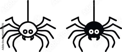 Hanging Spider Icons – Black and White Cute Halloween Arachnid Vector Illustration