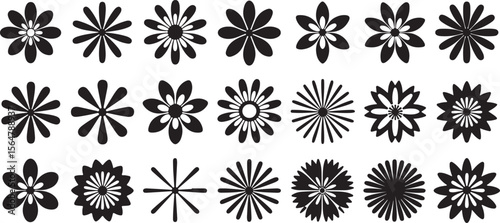 Collection of Black and White Floral Silhouettes Diverse Stylized Flower Designs Simple Geometric Shapes Vector Graphics Set of Twenty Four Unique