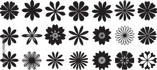Collection of Eighteen Black and White Floral Silhouettes Diverse Stylized Flower Designs Simple Geometric Shapes Vector Graphics