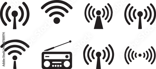 Collection of Black Silhouette Traced Wireless Signal Icons and Retro Radio Illustration