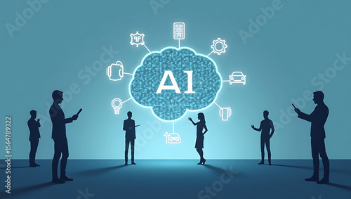 Diverse group of people in silhouette interacting with a glowing cloud displaying ai and various connected technology icons