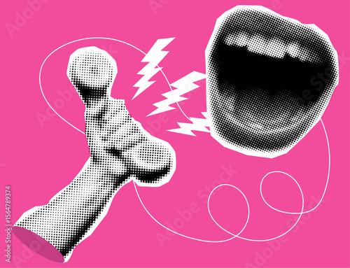Halftone art collage mouth screams, human hand with a phone,human mouth screams with scribbles