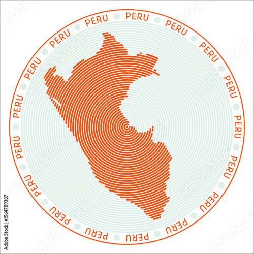 Peru round logo design. Country shape build of rings. Peru text around the country. Vector Illustration.