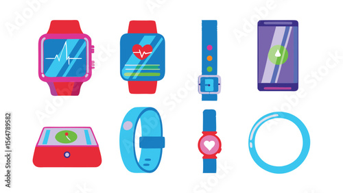 Illustration of various wearable technology devices including smartwatches and fitness trackers shown