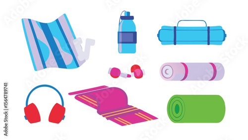 Illustration of fitness equipment including towels, water bottle, and yoga mats on white background