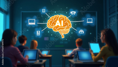Students learning about artificial intelligence and technology concepts in a modern classroom setting with digital brain illustration