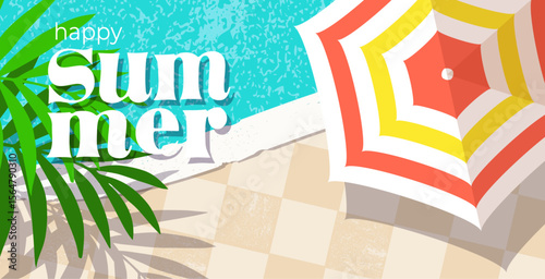 summer vacation  textured background with umbrella, pool, palm branch, , modern creative vector illustration, decoration, web, wallpaper, horizontal, banner, poster, summertime, travel, cover