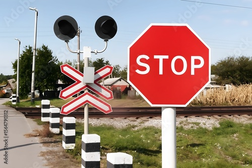 Railroad crossing stop sign and signals near a rural area during daylight