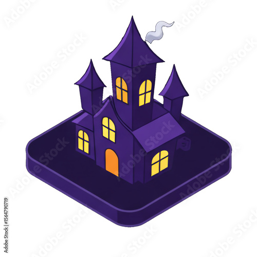 Isometric illustration of a spooky, purple haunted house with glowing windows and smoke coming from the chimney.