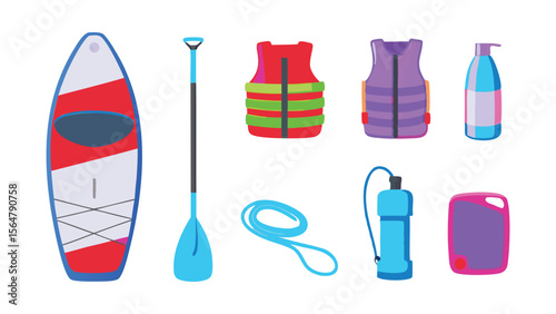 A collection of paddleboarding equipment including a board, paddle, and safety gear is displayed