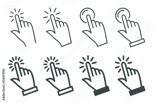 Vector illustration of a set of hand cursor icons — click and pointer gestures in various styles.