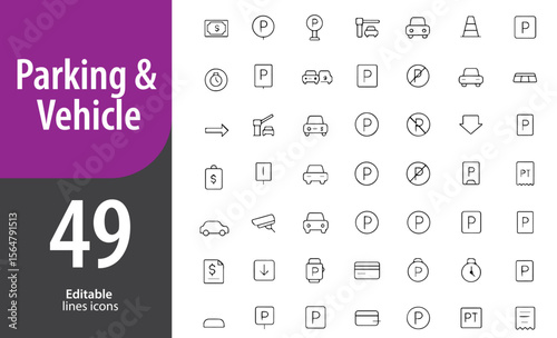 Parking and Vehicle Line Icons, Car, Parking Sign, Ticket Machine, Garage, Location Pin, Editable Formats: AI, EPS, PNG, Ideal for Both Digital and Print Use

