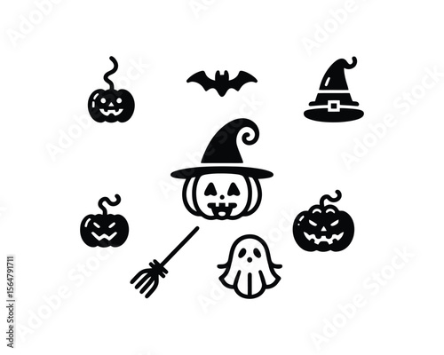 Halloween icons pumpkins witch bat ghost