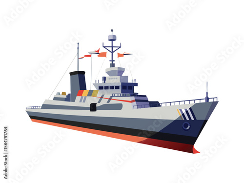 Modern naval warship with radar and flags sailing on white background illustration
