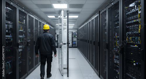 Data Center Security: Engineer Inspecting Servers in a Secure Facility | IT Infrastructure, Maintenance & Compliance