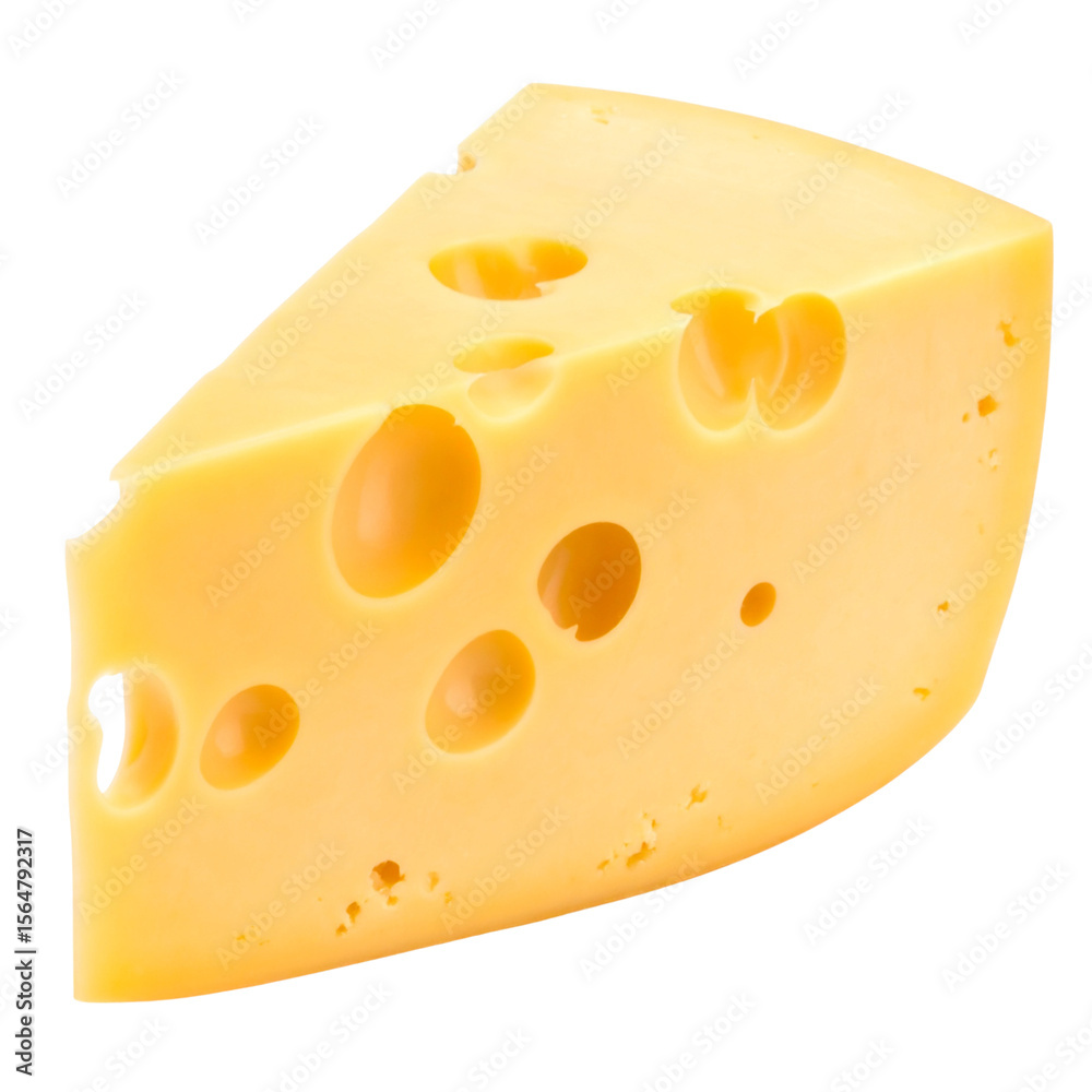 A healthy yellow piece or slice of dairy cheese with holes, isolated on a white background, perfect for a snack or gourmet breakfast A healthy yellow piece or slice of dairy cheese with holes, isolated on a white background, perfect for a snack or gourmet breakfast
