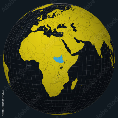 South Sudan on Globe. Country view on the world map in Charcoal Bright Yellow color palette. South Sudan shape on map. Globe with meridians, parallels, countries, rivers and lakes.