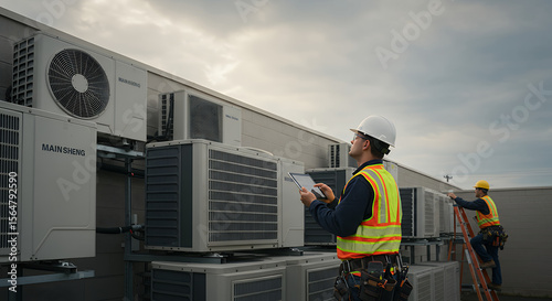 Commercial HVAC Inspection: Technicians Checking Air Conditioning Units for Maintenance & Repair, Ensuring Energy Efficiency & Optimal Performance