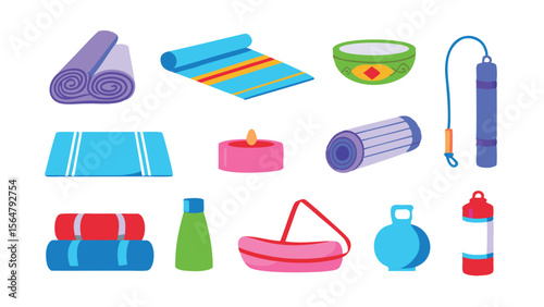 Illustration of yoga mats, candle, bowl, jump rope, and other fitness related items shown