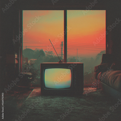 Retro TV in sunset room lo-fi screen wallpaper