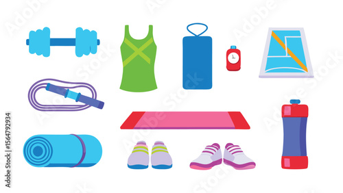 Flat lay illustration of fitness and exercise equipment on a white background for active lifestyle 100