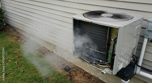 A broken air conditioner with smoke emitting from it, potentially indicating a malfunction or overheating