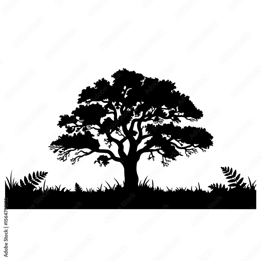 Fototapeta premium Grand Oak Tree Silhouette with Grass and Ferns - Nature Vector Art