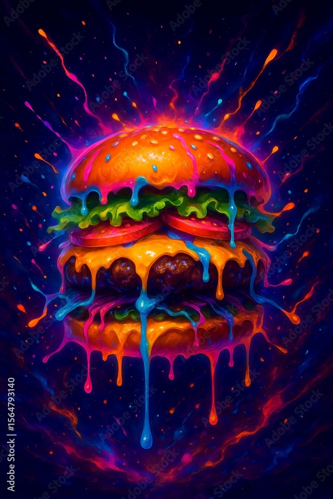 Fototapeta premium Colorful Rainbow Burger with Paint Splatter