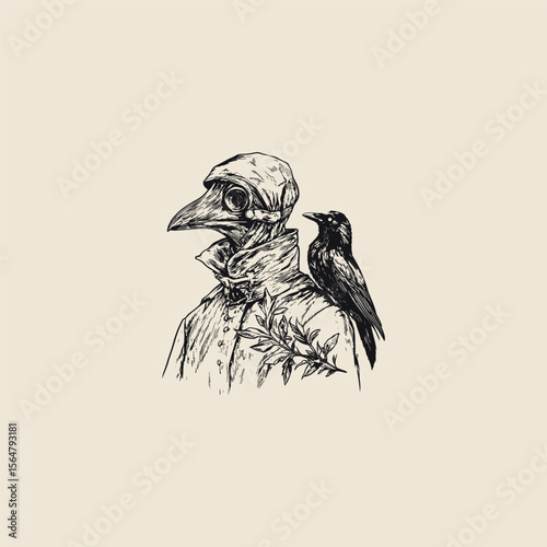 Plague doctor with raven bird design vector template illustration