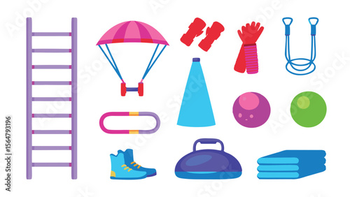 A collection of fitness equipment including a ladder, parachute, and various exercise tools shown