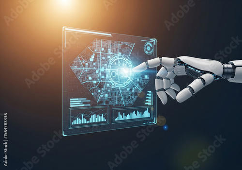 Robotic hand engaging with future technology