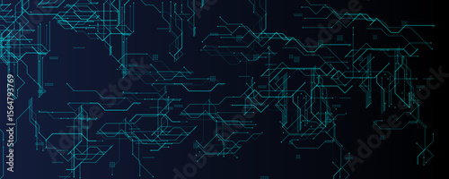 Hi-Tech Circuit Background With Glowing Lines. Blue digital network on dark gradient, ideal for innovation, computing, and futuristic interfaces. Clean cyber pattern and layout. Vector illustration.