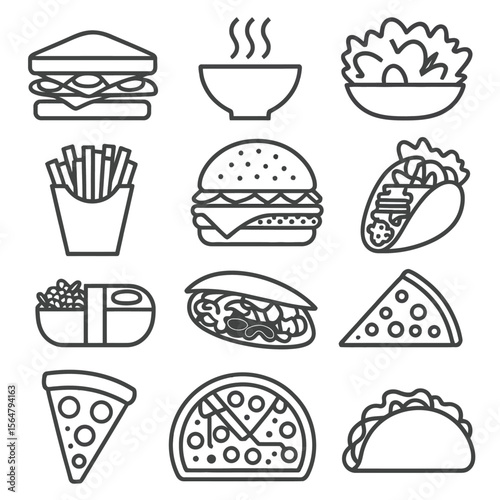 Delicious food icons featuring sandwiches burgers tacos pizza and fries vector
