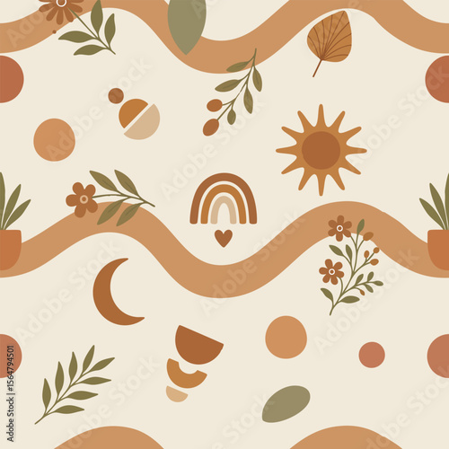 Seamless boho minimal horizontal pattern with abstract nature elements in warm earth tones. Includes sun, moon, rainbow, plants, and floral icons. Ideal for kids' decor, fabric, and wrapping paper.