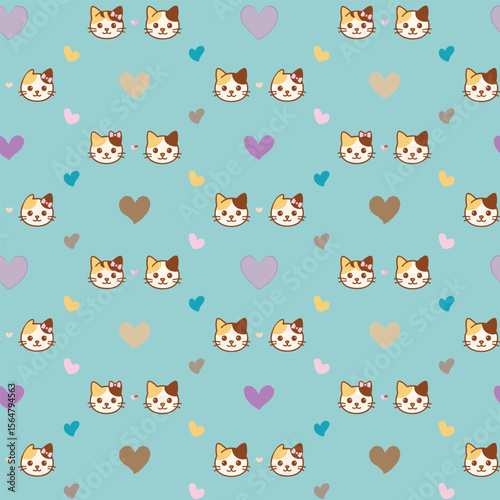Seamless pattern with cute calico cat faces and hand-drawn hearts in pastel tone. Ideal for baby products, pet-themed textiles, wrapping paper, and children’s stationery.