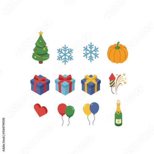Festive holiday icons: Christmas tree, gifts, snowflakes, pumpkin, fireworks, balloons, and champagne.