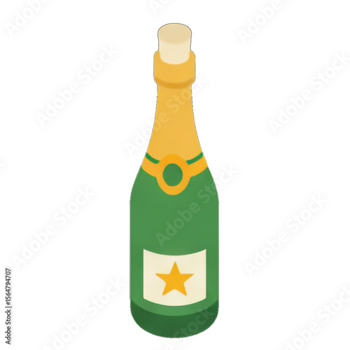 A cartoon illustration of a green champagne bottle with a cork and label.