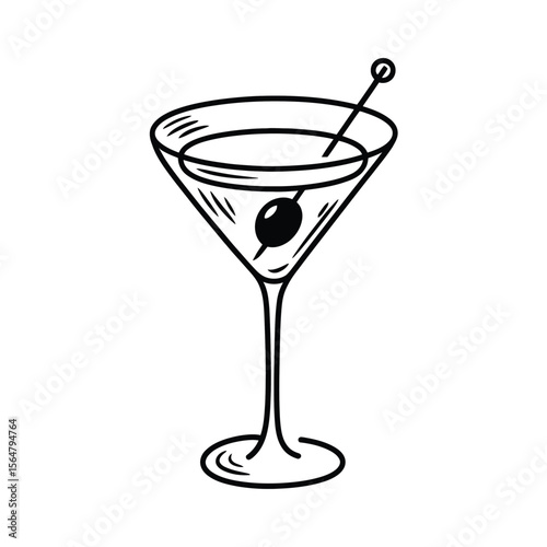 Elegant martini glass with olive and toothpick drink cocktail