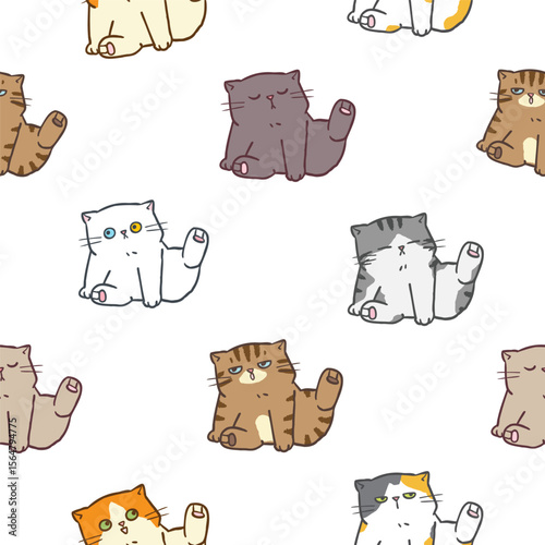 Seamless Pattern with Cartoon Cat Design on White Background. Hand Drawn Vector Illustration.